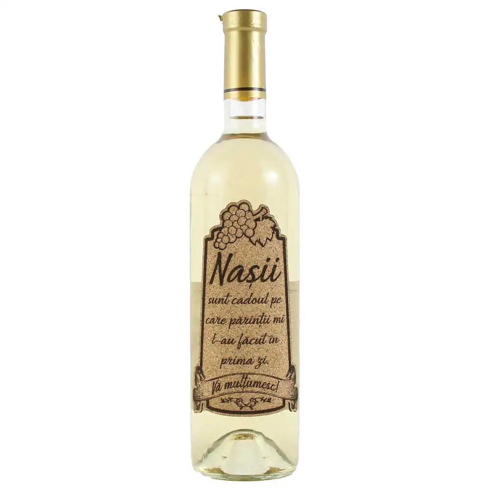 Vin alb 750 ml "Nasii sunt cadoul..." cu eticheta personalizata din pluta