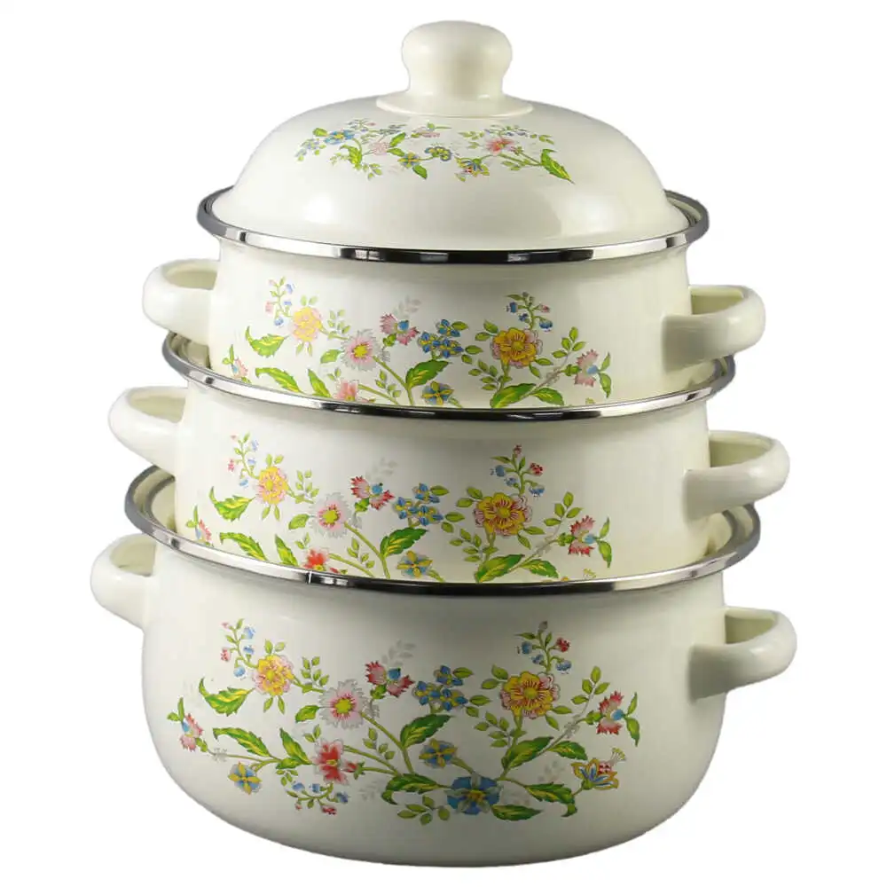 Set 3 cratite emailate cu capac Set 3 cratite emailate cu capac