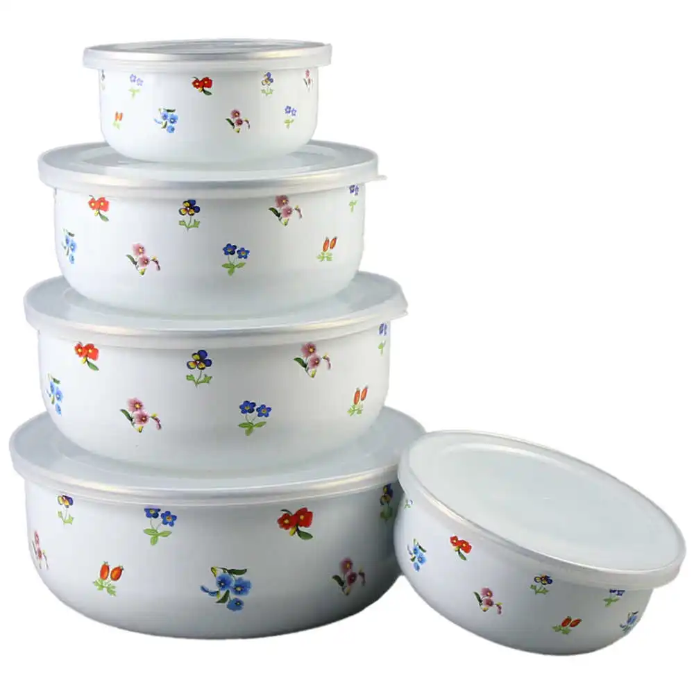 Set 5 boluri emailate cu capac din plastic Set 5 boluri emailate cu capac din plastic