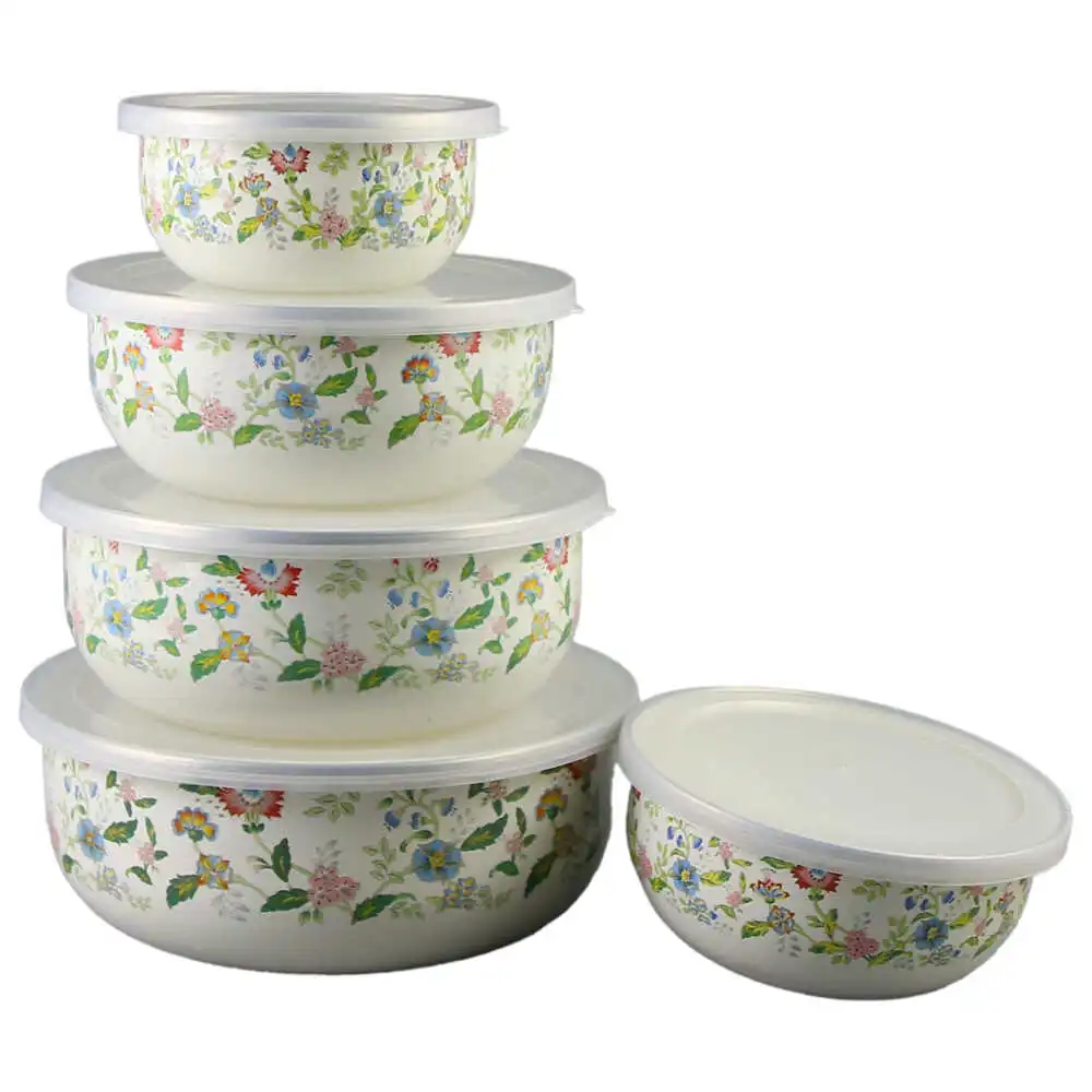 Set 5 boluri emailate cu capac din plastic Set 5 boluri emailate cu capac din plastic