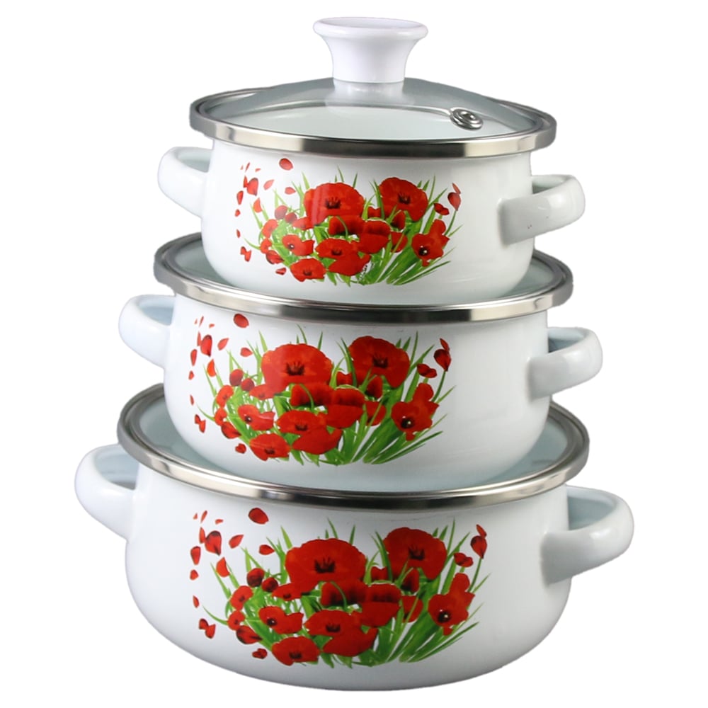 Set 3 cratite emailate cu capac Set 3 cratite emailate cu capac