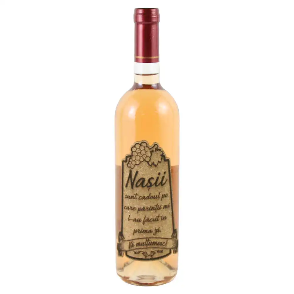 Vin rose 750 ml "Nasii sunt cadoul...Va multumesc" cu eticheta personalizata din pluta Vin rose 750 ml "Nasii sunt cadoul...Va multumesc" cu eticheta personalizata din pluta