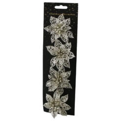 Set 4 ornamente de brad Floare cu glitter