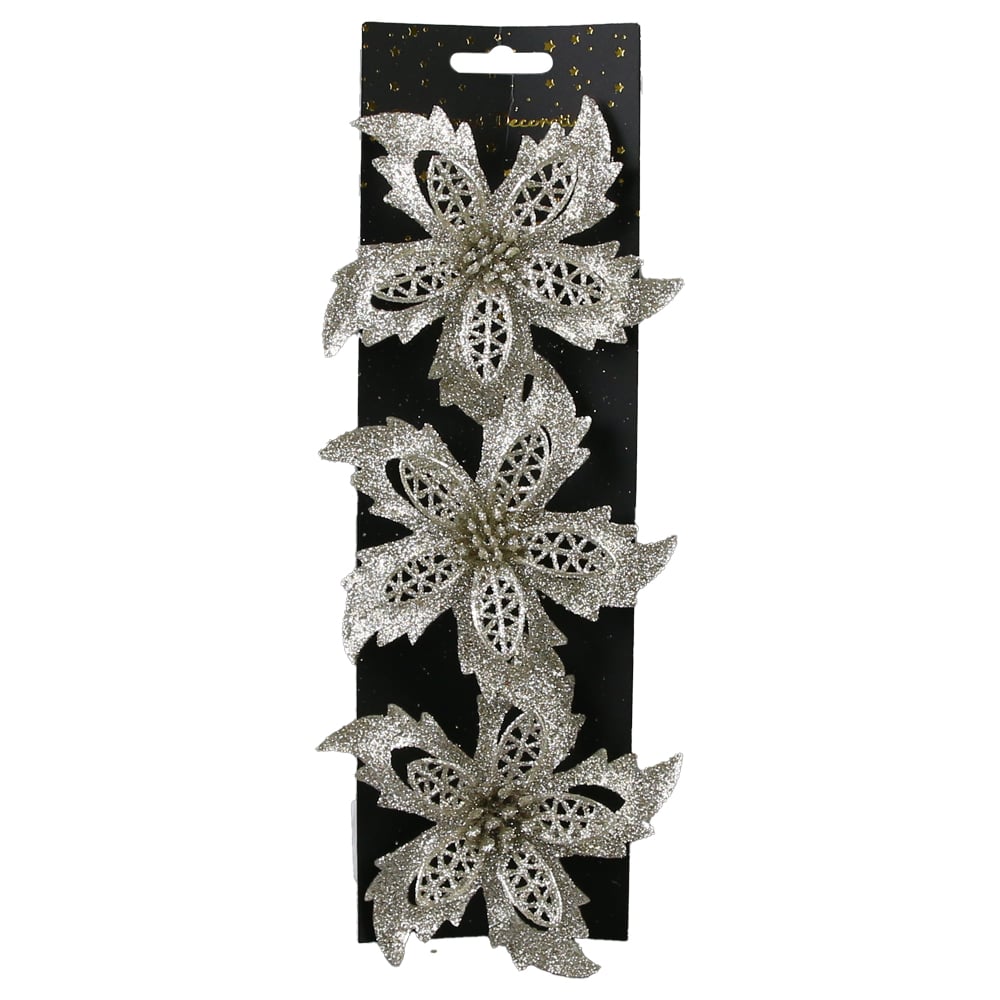 Set 3 ornamente de brad Floare cu glitter Set 3 ornamente de brad Floare cu glitter