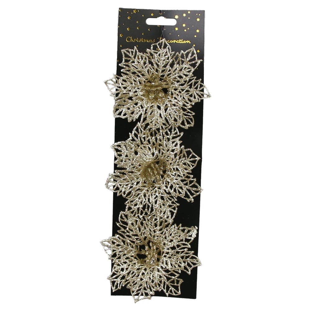 Set 3 ornamente de brad Floare cu glitter Set 3 ornamente de brad Floare cu glitter