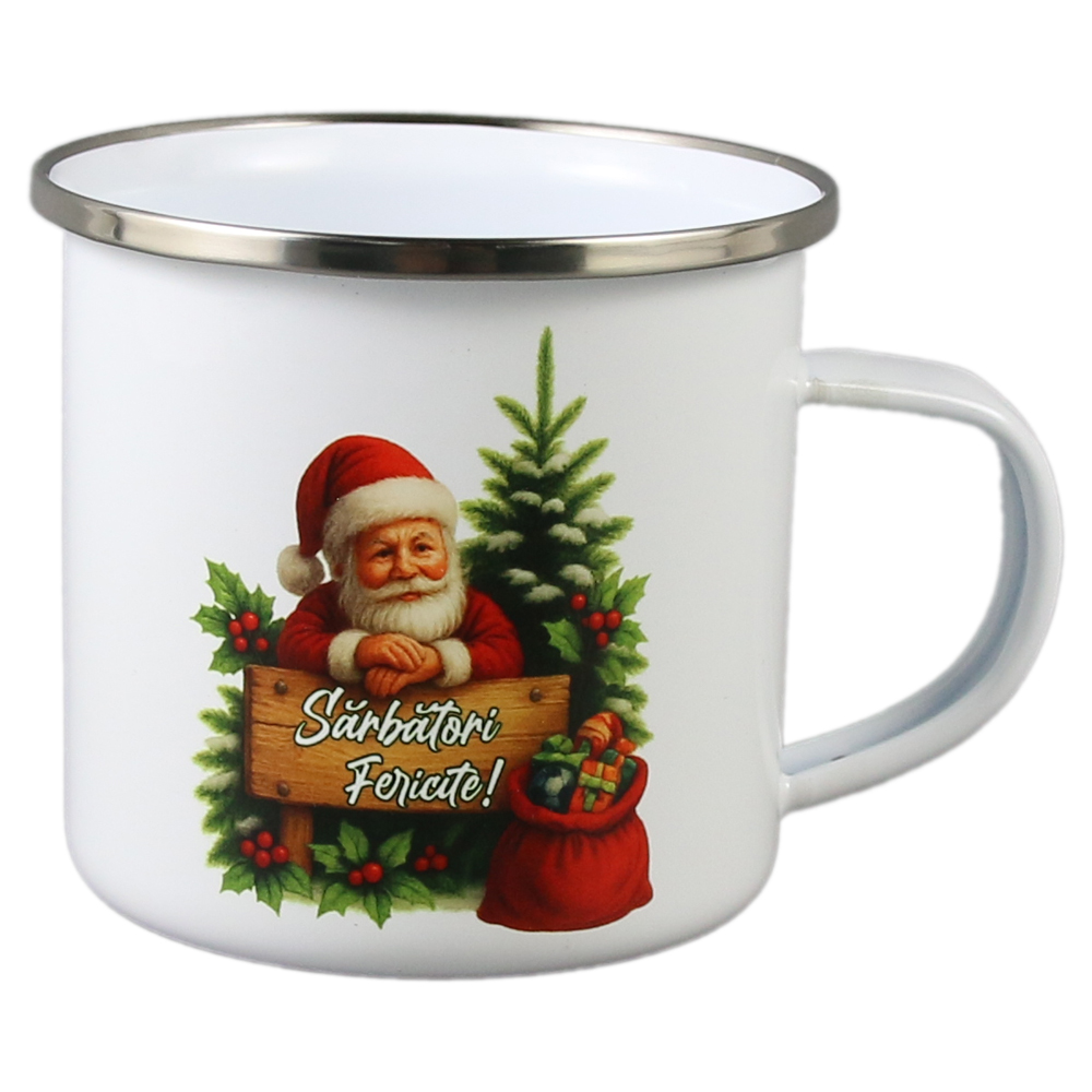 Cana metalica emailata "Sarbatori Fericite!" 300 ml Cana metalica emailata "Sarbatori Fericite!" 300 ml
