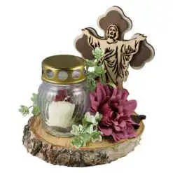 Aranjament floral pentru cimitir cu candela si cruce din lemn 19 CM