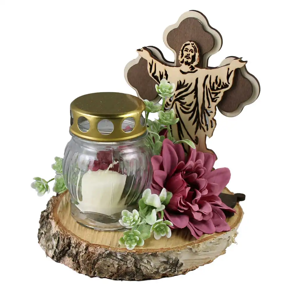 Aranjament floral pentru cimitir cu candela si cruce din lemn 19 CM