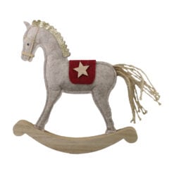 Decoratiune Craciun Cal balansoar din lemn si pasla 30 CM