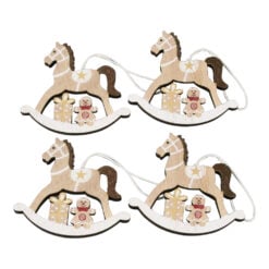 Set 4 ornamente brad din lemn Cal balansoar 7 CM