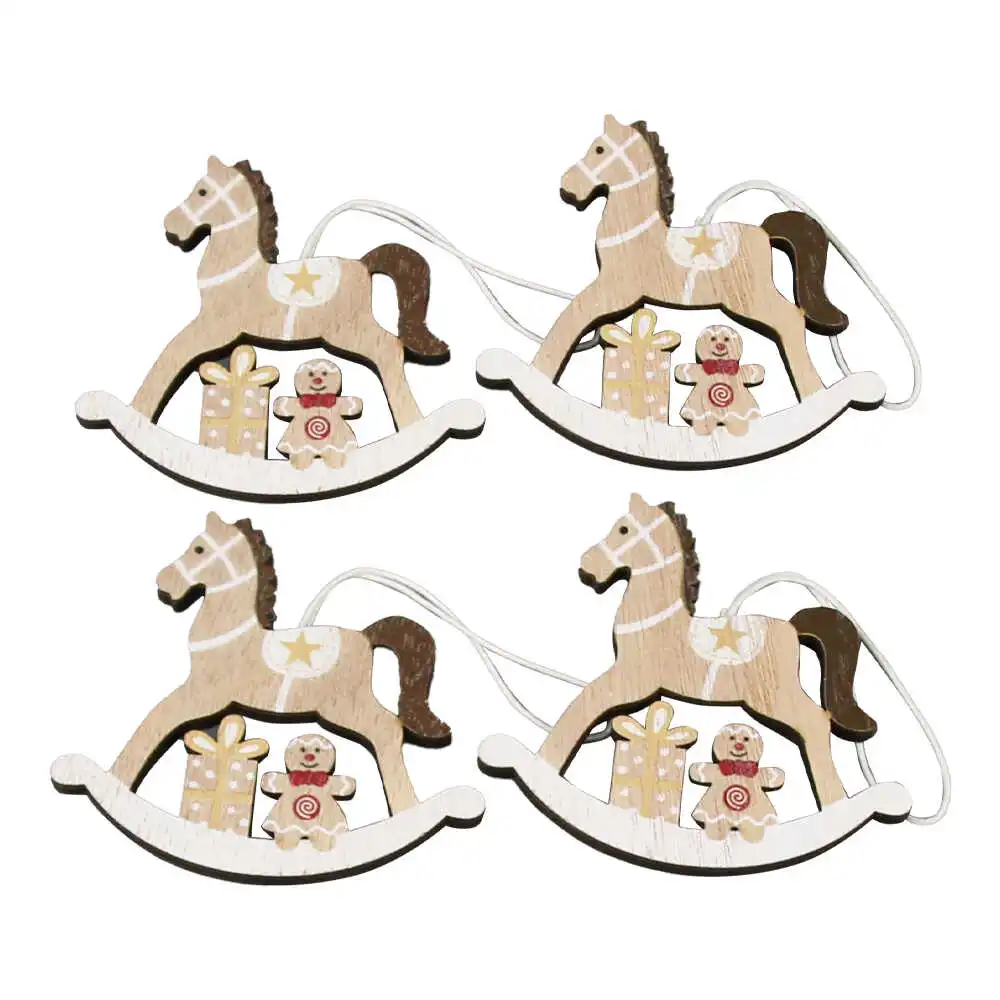 Set 4 ornamente brad din lemn Cal balansoar 7 CM