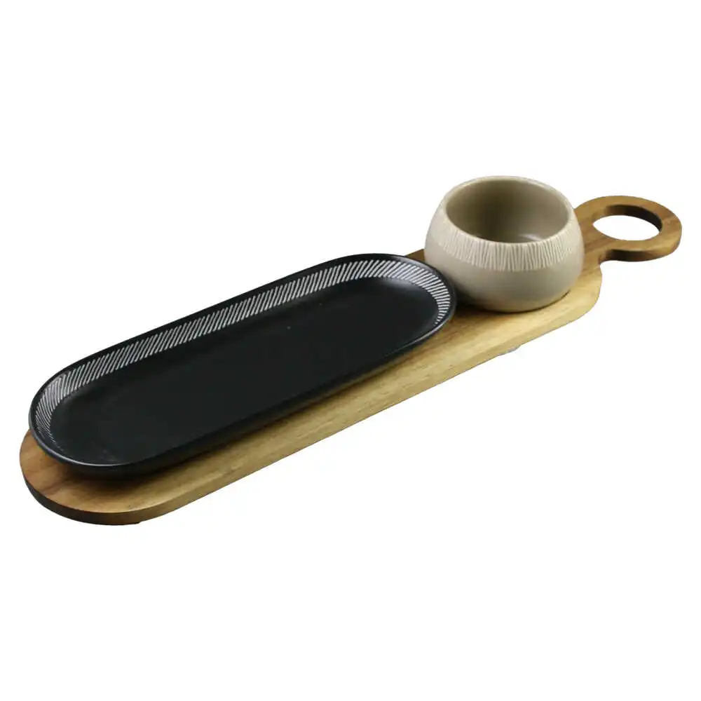 Set bol cu platou din ceramica cu suport bambus 45x10.5 CM