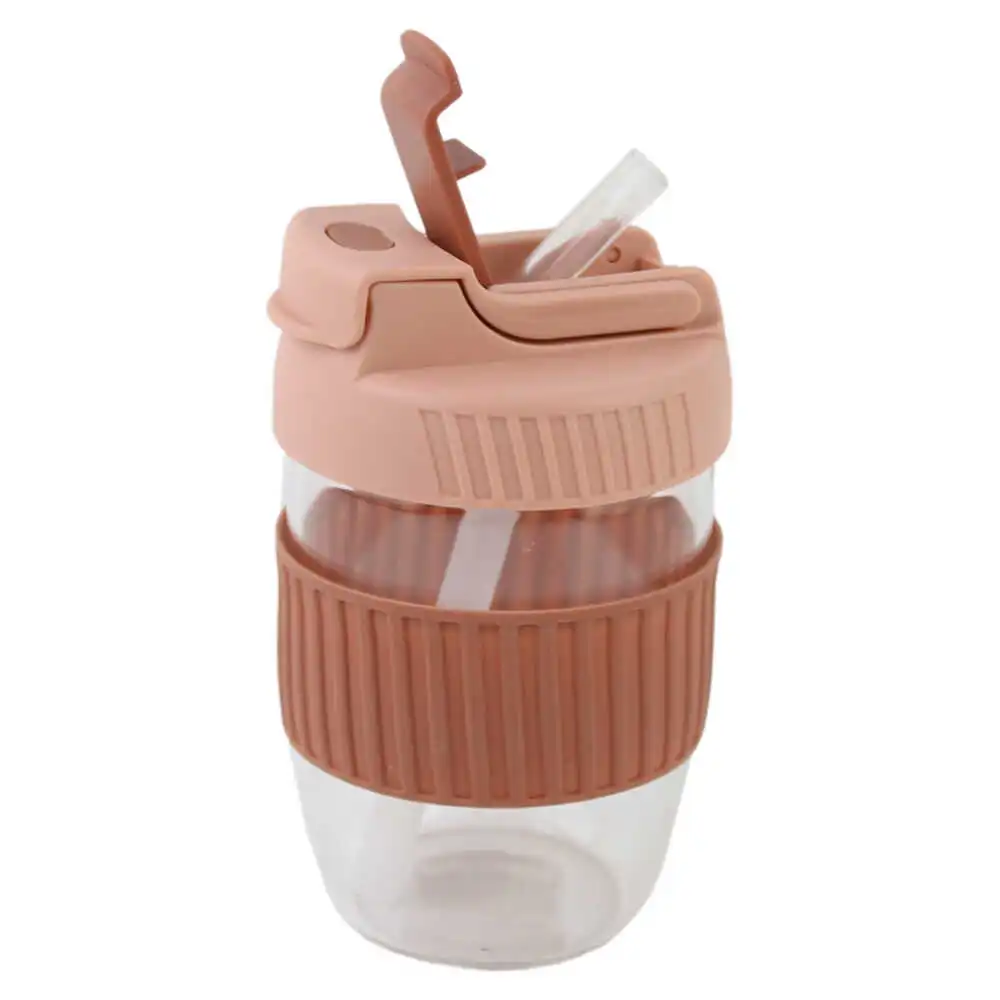 Cana din sticla cu paie si capac 350 ml Cana din sticla cu paie si capac 350 ml