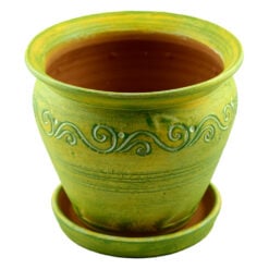 Ghiveci din lut cu ornamente diferite si cu farfurie. vopsit - Mijlociu