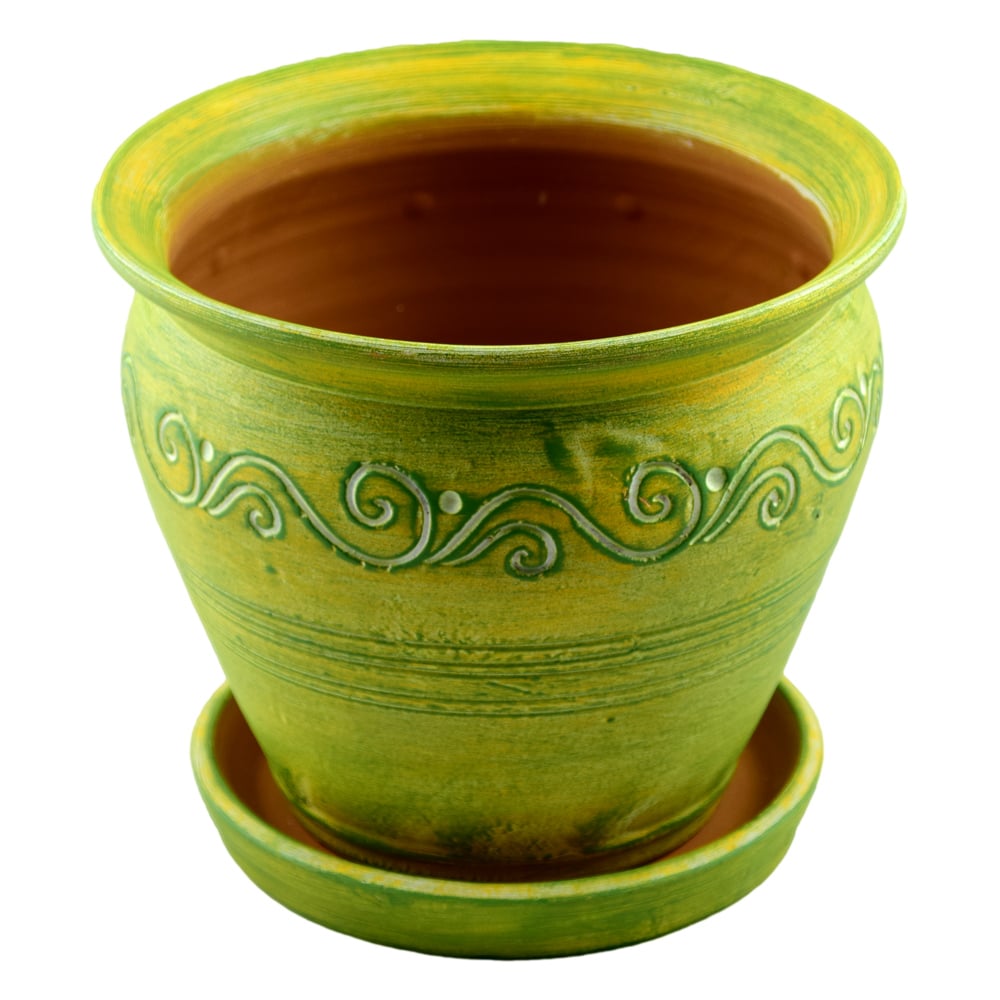 Ghiveci din lut cu ornamente diferite si cu farfurie. vopsit - Mijlociu Ghiveci din lut cu ornamente diferite si cu farfurie. vopsit - Mijlociu