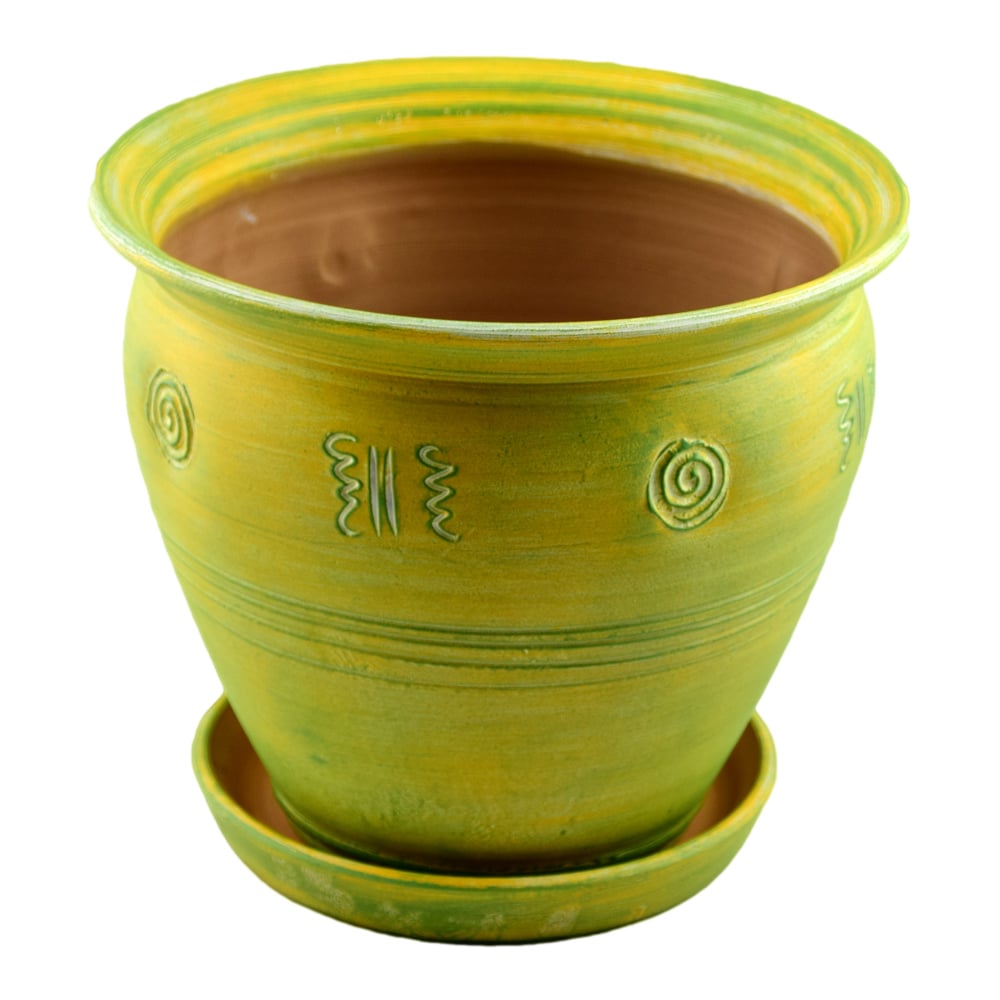 Ghiveci din lut cu ornamente diferite si cu farfurie. vopsit - Mare Ghiveci din lut cu ornamente diferite si cu farfurie. vopsit - Mare