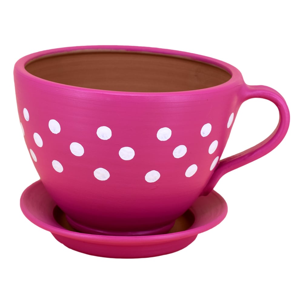 Ghiveci din lut cu farfurie in forma de ceasca cu ornamente - Mijlociu Ghiveci din lut cu farfurie in forma de ceasca cu ornamente - Mijlociu