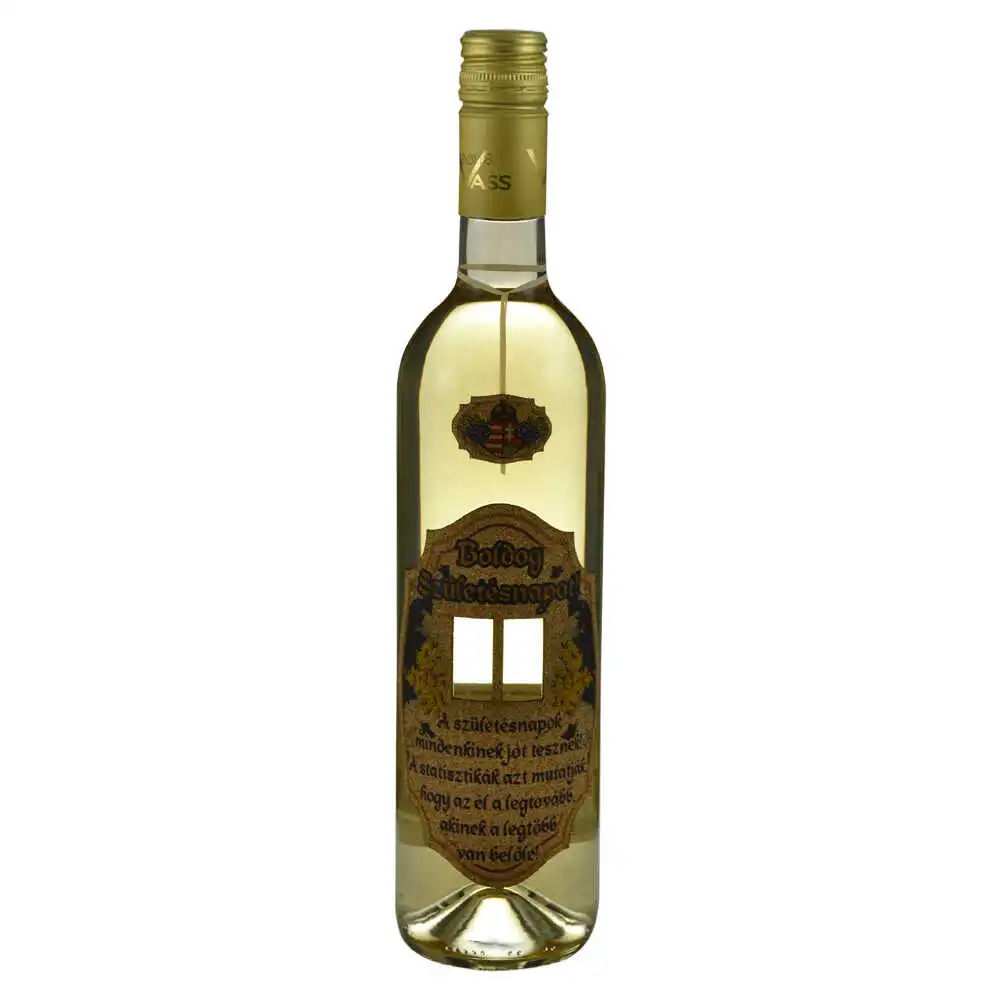 Vin alb 0.75l cu eticheta personalizata din pluta - Design "Boldog Szuletesnapot!" (Model 2) Vin alb 0.75l cu eticheta personalizata din pluta - Design "Boldog Szuletesnapot!" (Model 2)