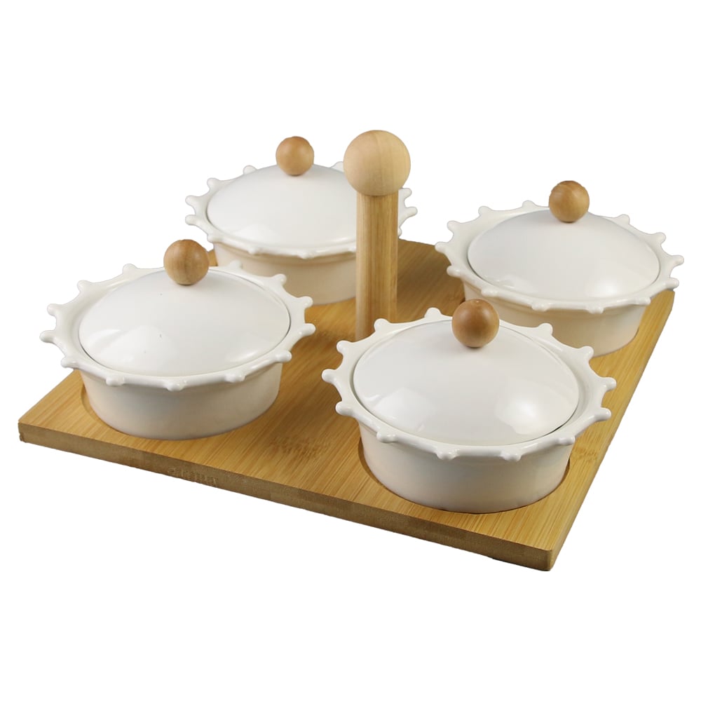 Set tava din bambus cu 4 boluri cu capac 23x23 CM Set tava din bambus cu 4 boluri cu capac 23x23 CM
