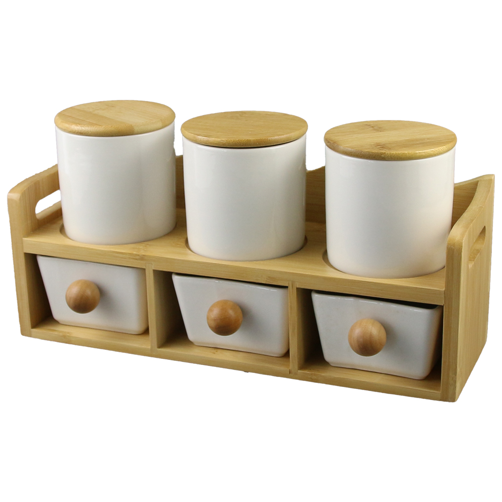 Set 6 recipiente condimente cu suport din bambus Set 6 recipiente condimente cu suport din bambus
