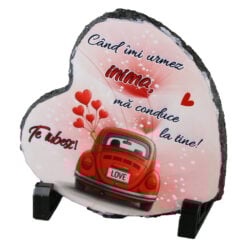 Placa ardezie inima  "Cand imi urmez inima...Te iubesc!" 14x14 cm