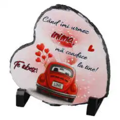 Placa ardezie inima  "Cand imi urmez inima...Te iubesc!" 14x14 cm