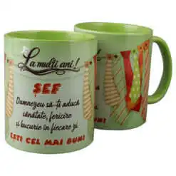 Cana ceramica "La multi ani! Sef...esti cel mai bun!"