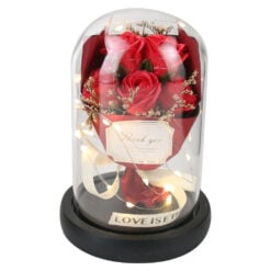 Cupola din sticla cu buchet de trandafiri rosii si LED 11x16 cm