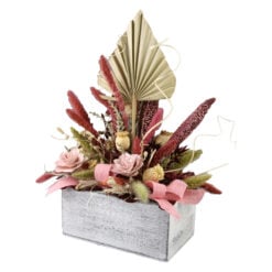 Aranjament floral cu plante uscate in cutie din lemn 20x35 cm