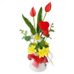 Aranjament floral cu flori de primavara in cana metalica 35 cm