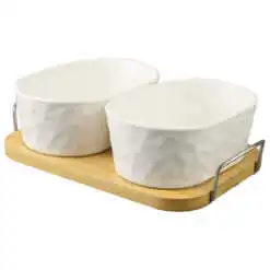Set 2 boluri din ceramica cu suport din bambus 19x14 cm