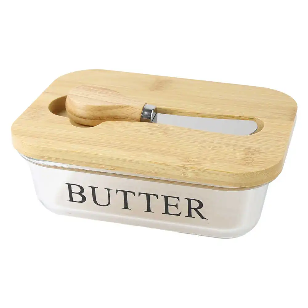 Untiera din sticla cu capac din bambus si cutit "Butter"