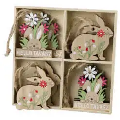 Set 8 iepurasi din lemn cu flori "Hello tavasz"