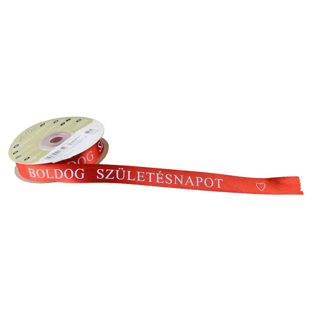 Rola panglica satin Rosu "Boldog Szuletesnapot" 15 mm x25 m