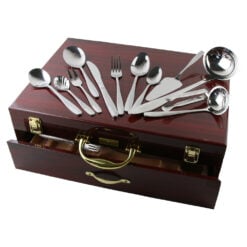 Set tacamuri inox 84 piese cu cufar din lemn