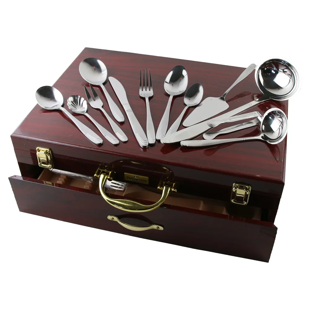 Set tacamuri inox 84 piese cu cufar din lemn