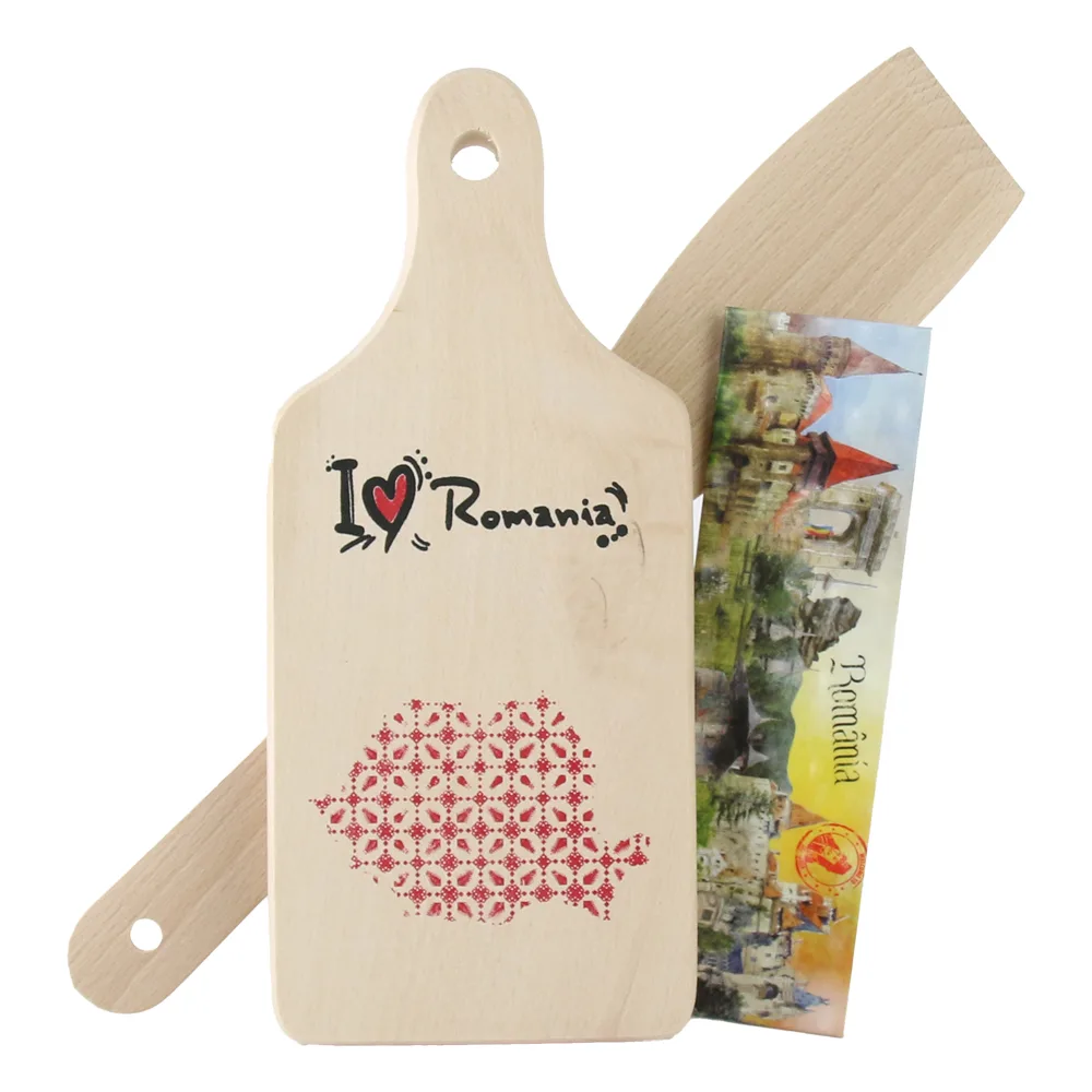 Set ustensile bucatarie din lemn cu magnet frigider "I love Romania"