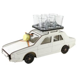 Suport lemn Dacia cu o sticla si 6 pahare 39 x 20 cm