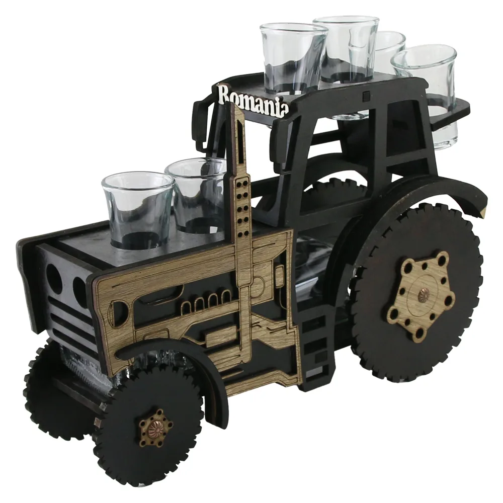 Suport lemn Tractor cu o sticla si 6 pahare "Romania" 34 x 27 cm