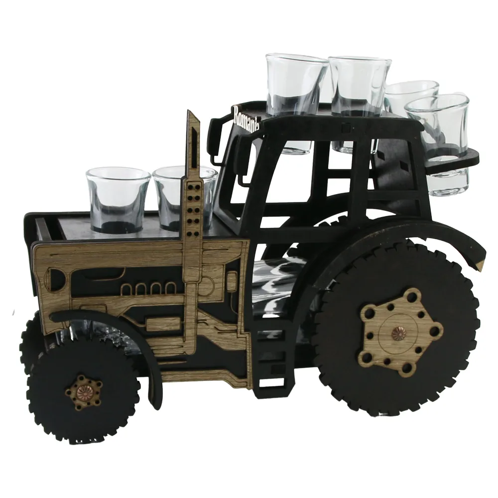 Suport lemn Tractor cu o sticla si 6 pahare "Romania" 34 x 27 cm