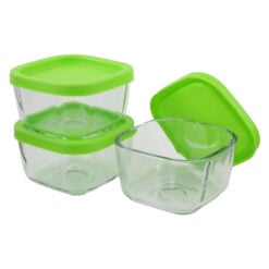 Set 3 boluri patrate din sticla cu capac plastic 9 x 9 x 5.5 cm