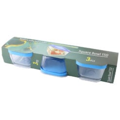 Set 3 boluri patrate din sticla cu capac plastic 9 x 9 x 5.5 cm