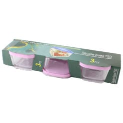 Set 3 boluri patrate din sticla cu capac plastic 9 x 9 x 5.5 cm