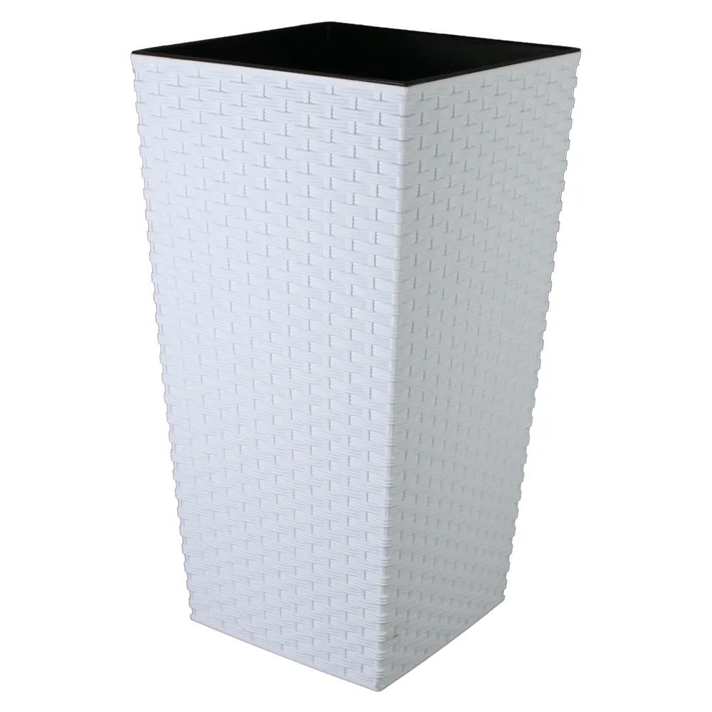 Ghiveci inalt din plastic Rattan alb 24 x 24 x 23.5/46 cm