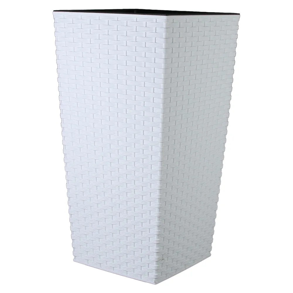 Ghiveci inalt din plastic Rattan alb 29 x 29 x 30/57 cm