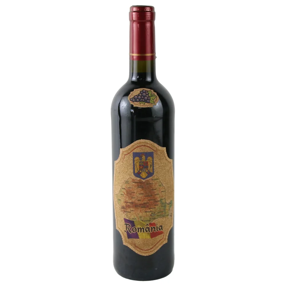 Vin rosu 750 ml cu eticheta din pluta "Romania" - cu stema si harta Romaniei
