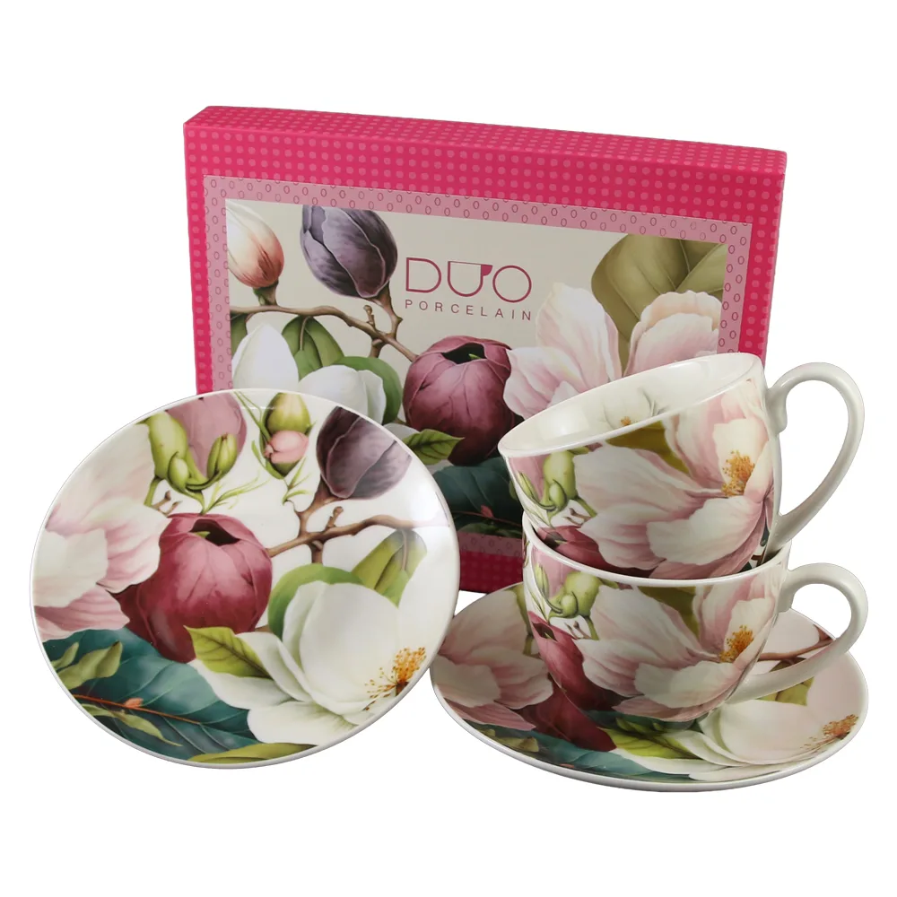 Set 2 cesti cu farfurii din portelan 270 ml "Magnolie" in cutie decorativa Set 2 cesti cu farfurii din portelan 270 ml "Magnolie" in cutie decorativa