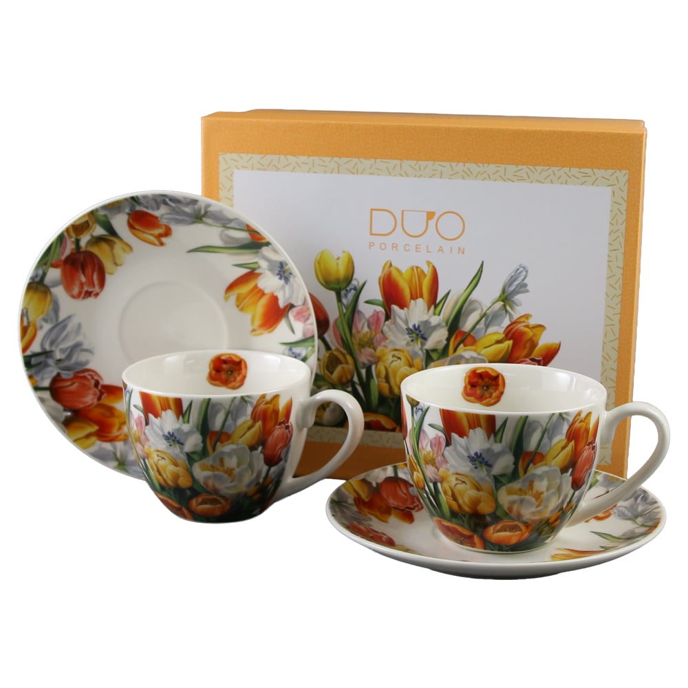 Set 2 cesti cu farfurii din portelan 270 ml "Tulipany" in cutie decorativa Set 2 cesti cu farfurii din portelan 270 ml "Tulipany" in cutie decorativa