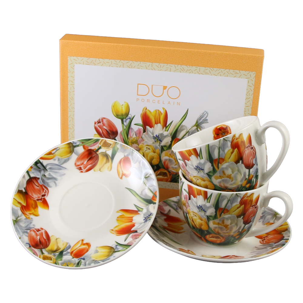 Set 2 cesti cu farfurii din portelan 270 ml "Tulipany" in cutie decorativa Set 2 cesti cu farfurii din portelan 270 ml "Tulipany" in cutie decorativa