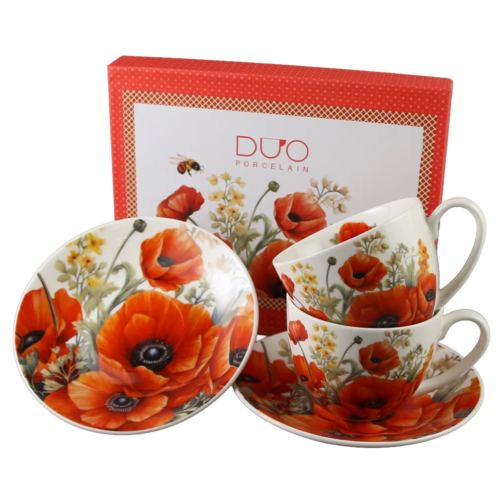 Set 2 cesti cu farfurii din portelan 270 ml "Poppies" in cutie decorativa